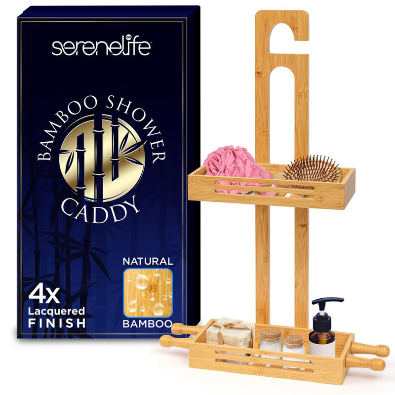  Serviteur de douche suspendu en bambou avec 2 niveaux, conception antidérapante pour les essentiels de salle de bain, tablettes autodrainantes pour une organisation facile
