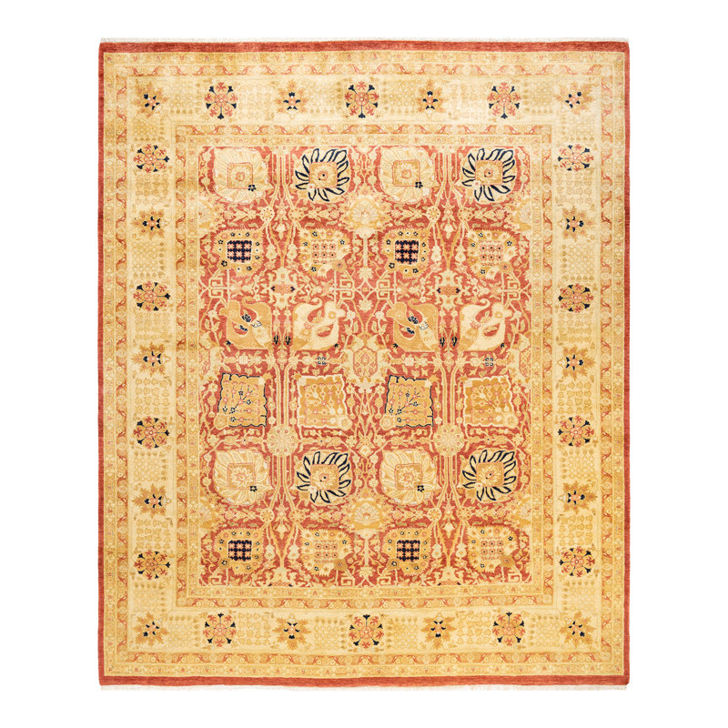 Tapis unique ivoire / sable / rouge noué à la main Sandhu 8 pi 2 po x 9 pi 9 po