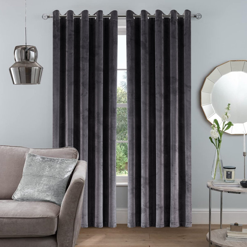 Safia 100% Crushed Velvet Eyelet Sheer Window Curtains, 117 W x 137 D cm, Charcoal