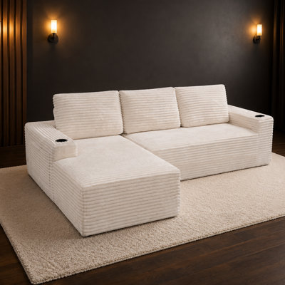 Canapé modulaire en nuage de 104 po avec méridienne en L, siège profond en velours côtelé doux, porte-gobelets, poches de rangement latérales, aucun assemblage requis, pour le salon, la chambre à coucher et les réunions de famille