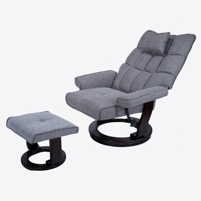 33" Contemporary Chenille Recliner And Ottoman With Swiveling Metal Base