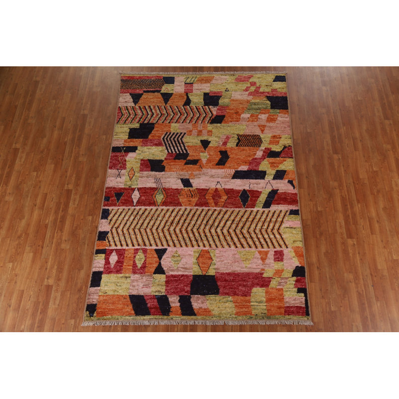 Tapis orange / vert / noir en laine noué à la main de conception unique 6 pi 8 po x 9 pi 8 po New Age