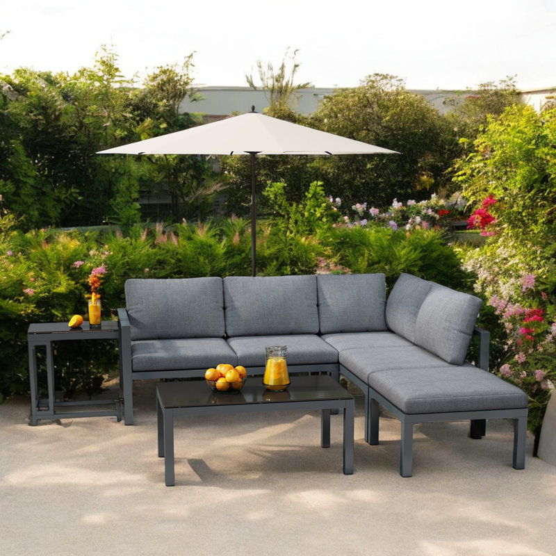 Grey Outdoor Garden Patio Lounge Sofa Set With Side Table And Coffee Table Set Of 5
