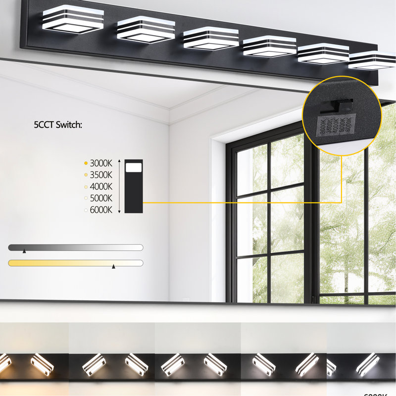Bathroom 6- Led Vanity , Modern Design, Iron & Acrylic, Dimmable, Energy Saving, 36W, 100 - 120V, Black Finish Fixture, 3000K 6000K, Efficient, 8.9Lb,