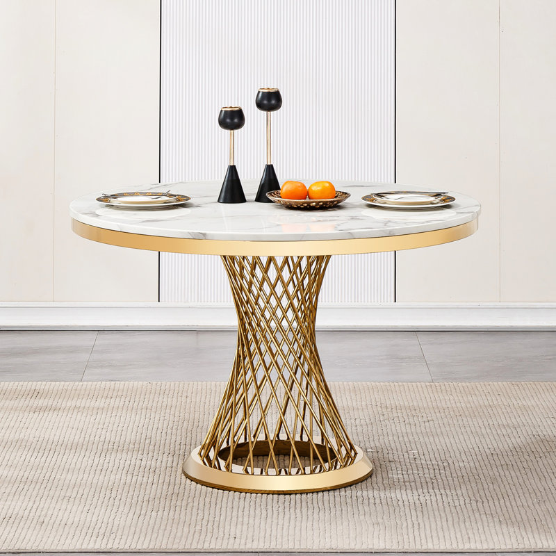 Table de salle à manger ronde avec une texture de marbre exquise, une base en acier inoxydable de 400 livres et une table de fête
