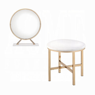 Dika 2pc Vanity Mirror and Stool Set, Faux Leather Seat, White and Gold