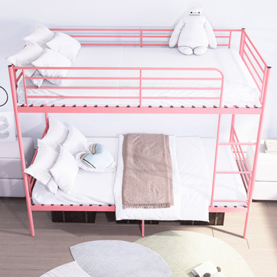 Lit simple en métal avec lit superposé rose avec garde-corps haut, barrière de bruit, peut se diviser en deux lits, espace de rangement, fabrication en fer de qualité, revêtement anti-usure, conception pour la décoration de chambre à coucher capable de se séparer, construction,