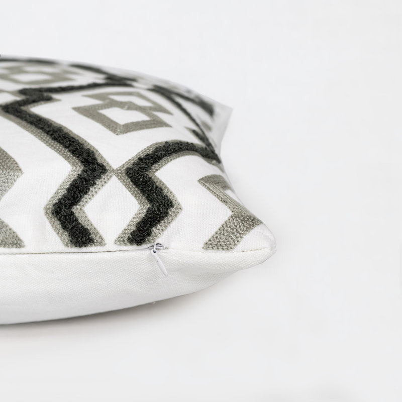 Embroidered Pillow Cover, Geometric, Gray/White