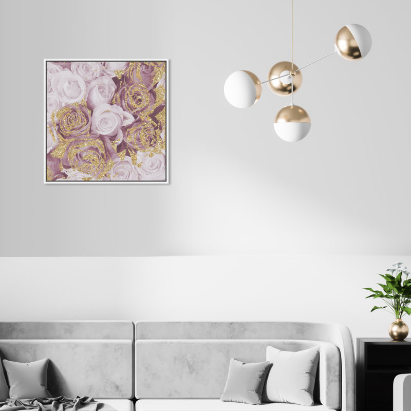 Mauve, paillettes, roses, carrés, fleurs, impression, Toile blanche encadrée, H 20 po x l 20 po