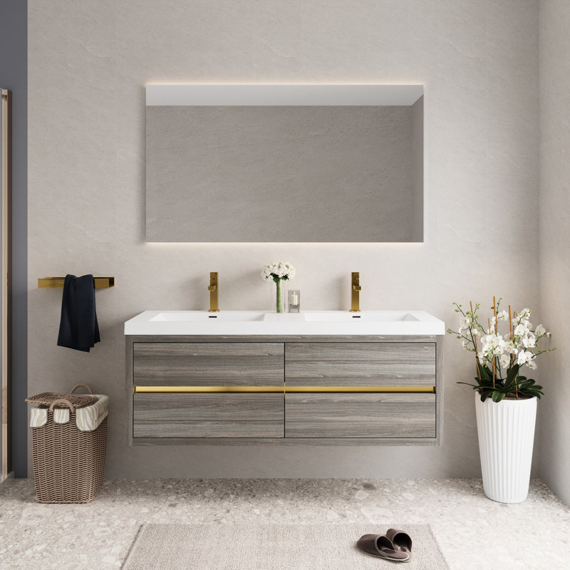 Meuble-lavabo flottant de 60 po avec deux lavabos, finition gris cendré, surface en résine de pierre, mouvement de tiroir à fermeture silencieuse, pré-assemblé pour une installation rapide, grand espace de rangement disponible