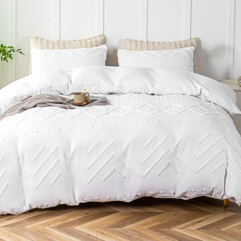 Tufted Bohe Duvet Cover Set Beddings , Queen Duvet Cover + 2 Standard Pillowcases, White Geometric Shapes