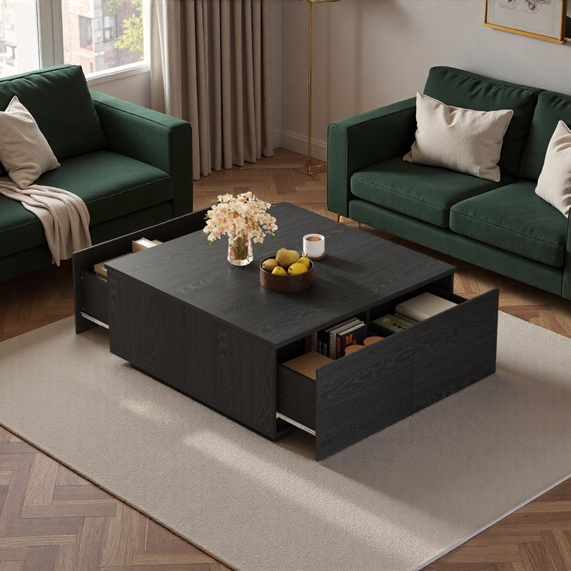 Table basse moderne carrée avec 4 tiroirs, Black