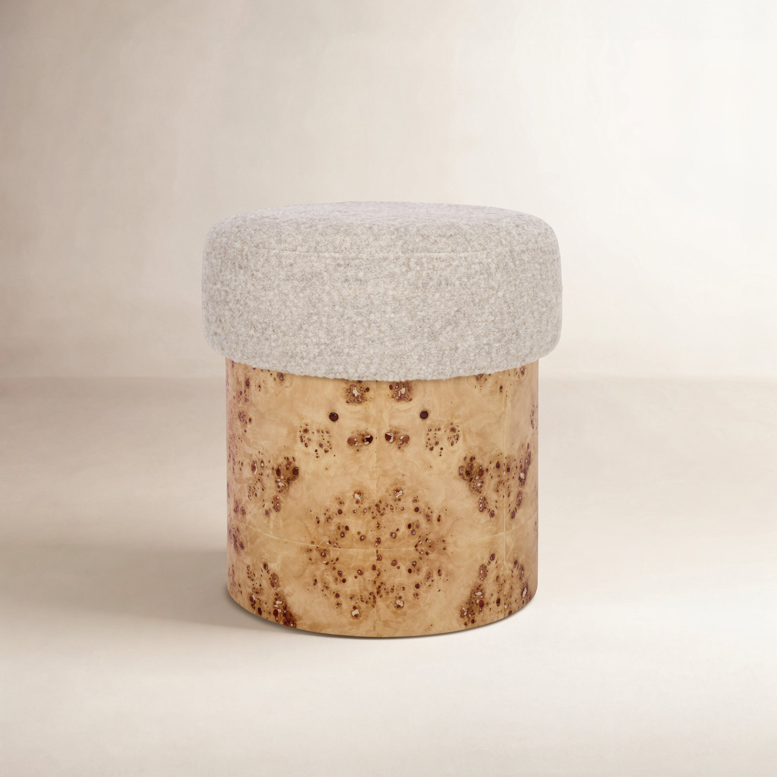 16" Boucle & Burl Ottoman, Light Gray Boucle