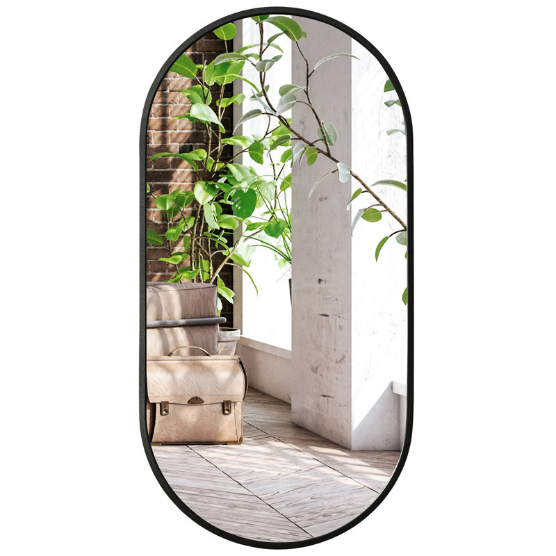 11x23 Black Large Oval Mirror Pill Shaped Aluminum Frame for Living Room Bedroom Bathroom, 23" H x 11" W x 2'' D