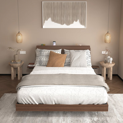 Floating Bed Frame Queen With Led Lights And Charging Station, Wood Queen Size Bed Frame With Storage Headboard,  No Box Spring Needed, Easy Assembly,Walnut