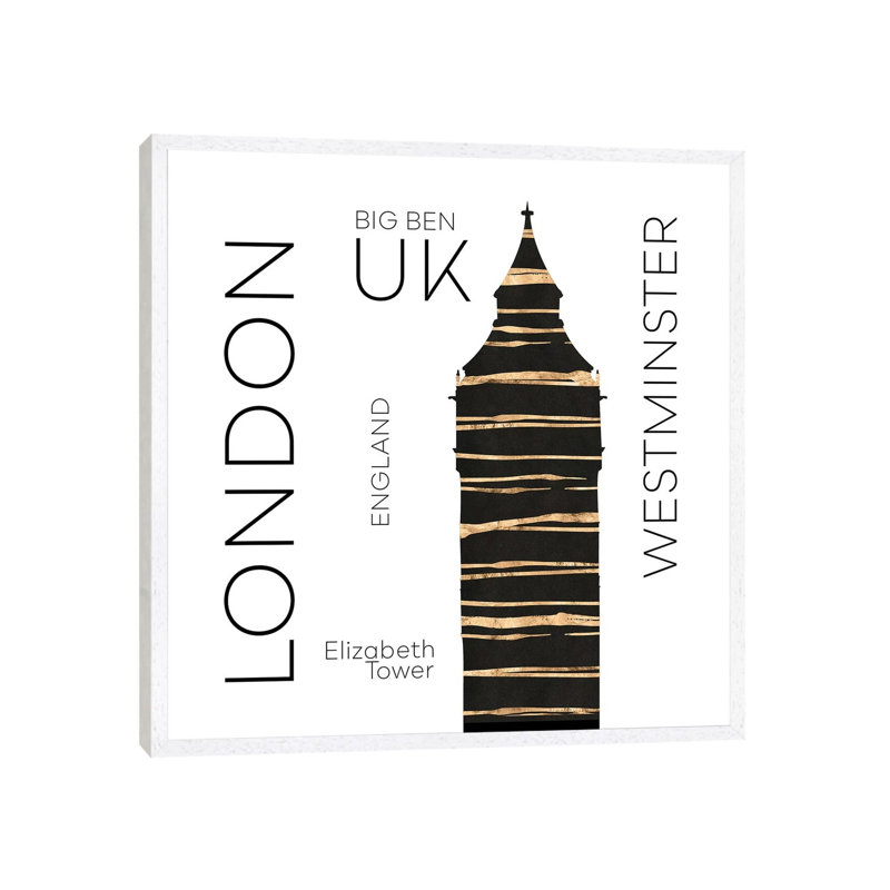 Urban Art London Big Ben by Melanie Viola - Print on Canvas, White Framed, 93.98cm H x 93.98cm W x 3.81cm D