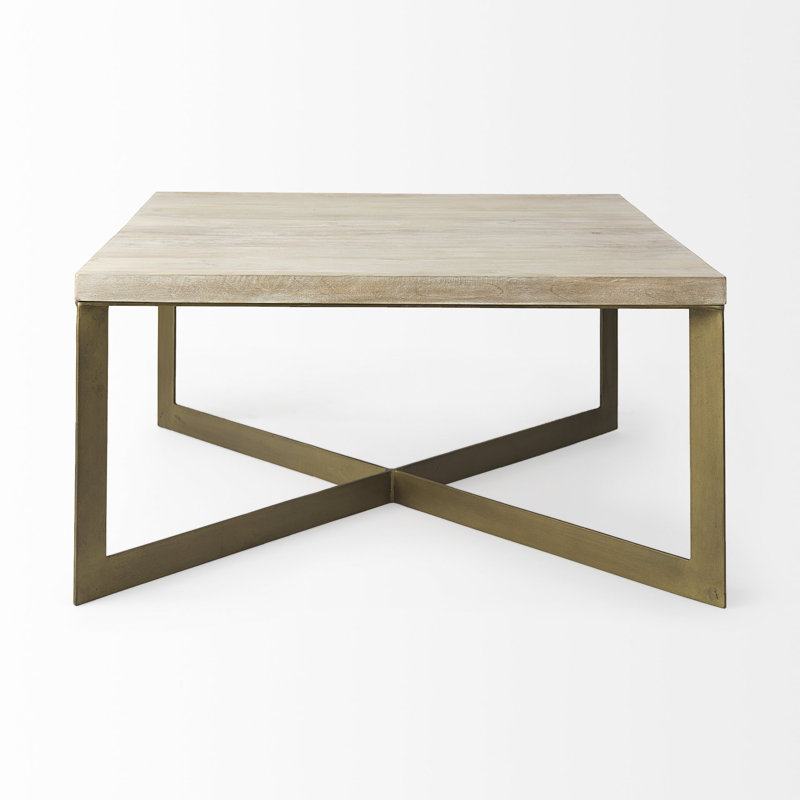 Table basse en bois brun clair et métal, Plateau brun clair / base bronze