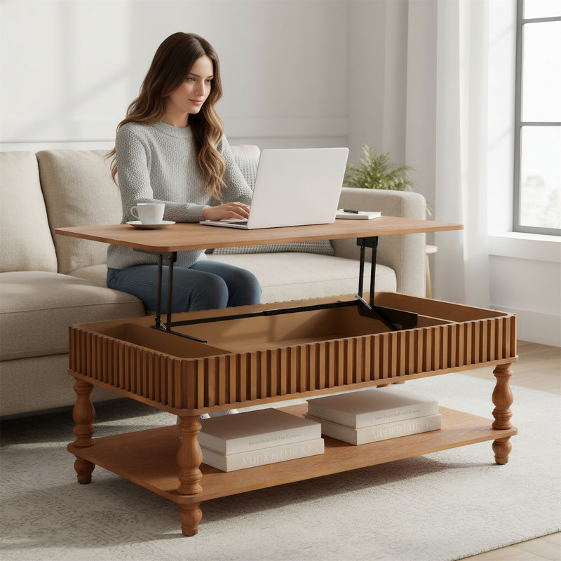 Table basse de 47,24 pouces à hauteur réglable avec plateau rainuré et pieds de style romain, Brun antique