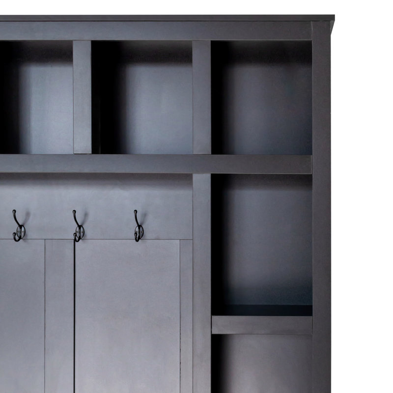 Arbre d'entrée de style bois avec 6 crochets, banc de rangement pratique en noyer avec tablettes réglables, armoire à chaussures 4 en 1 avec 13 casiers