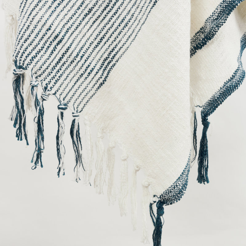 Jeté 100% coton Hopkins, Ivoire / bleu sarcelle