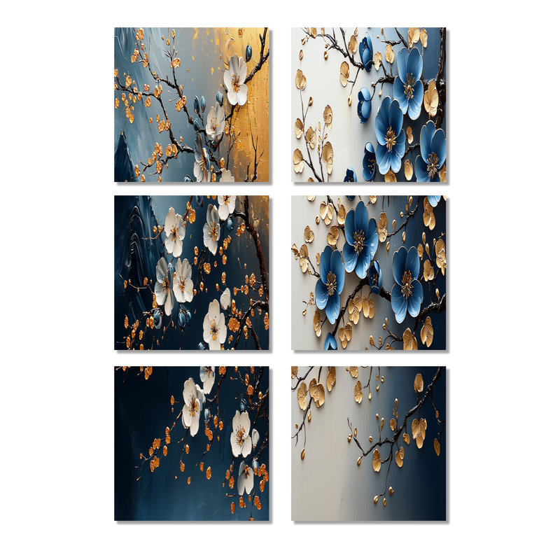 Jalissa - Ensemble de 6 impressions sur toile de fleurs de cerisier, Toile tendue, Ne s’applique pas