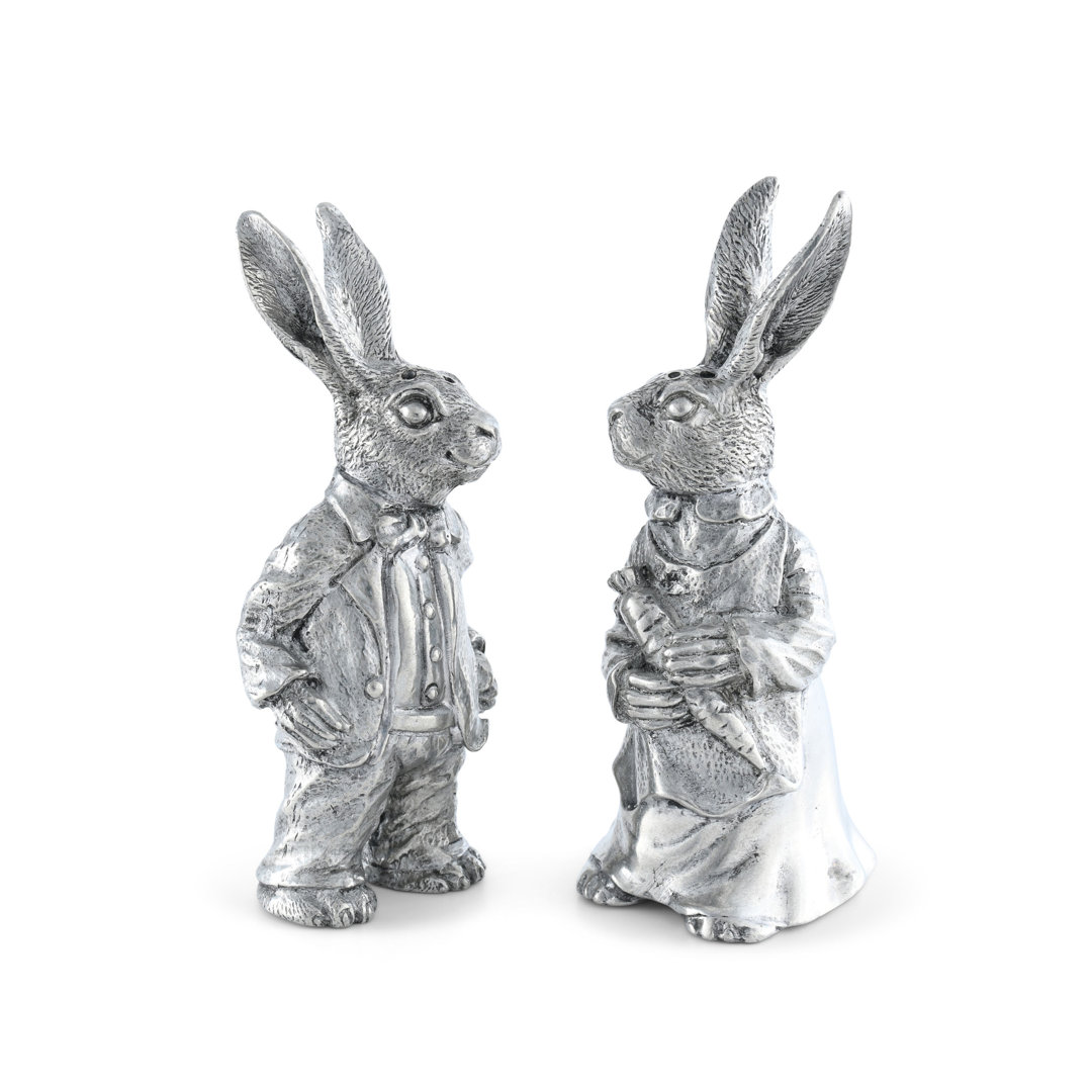 Garden Friends Easter Pewter Dressed Rabbits Salt and Pepper Shakers Set Vagabond House