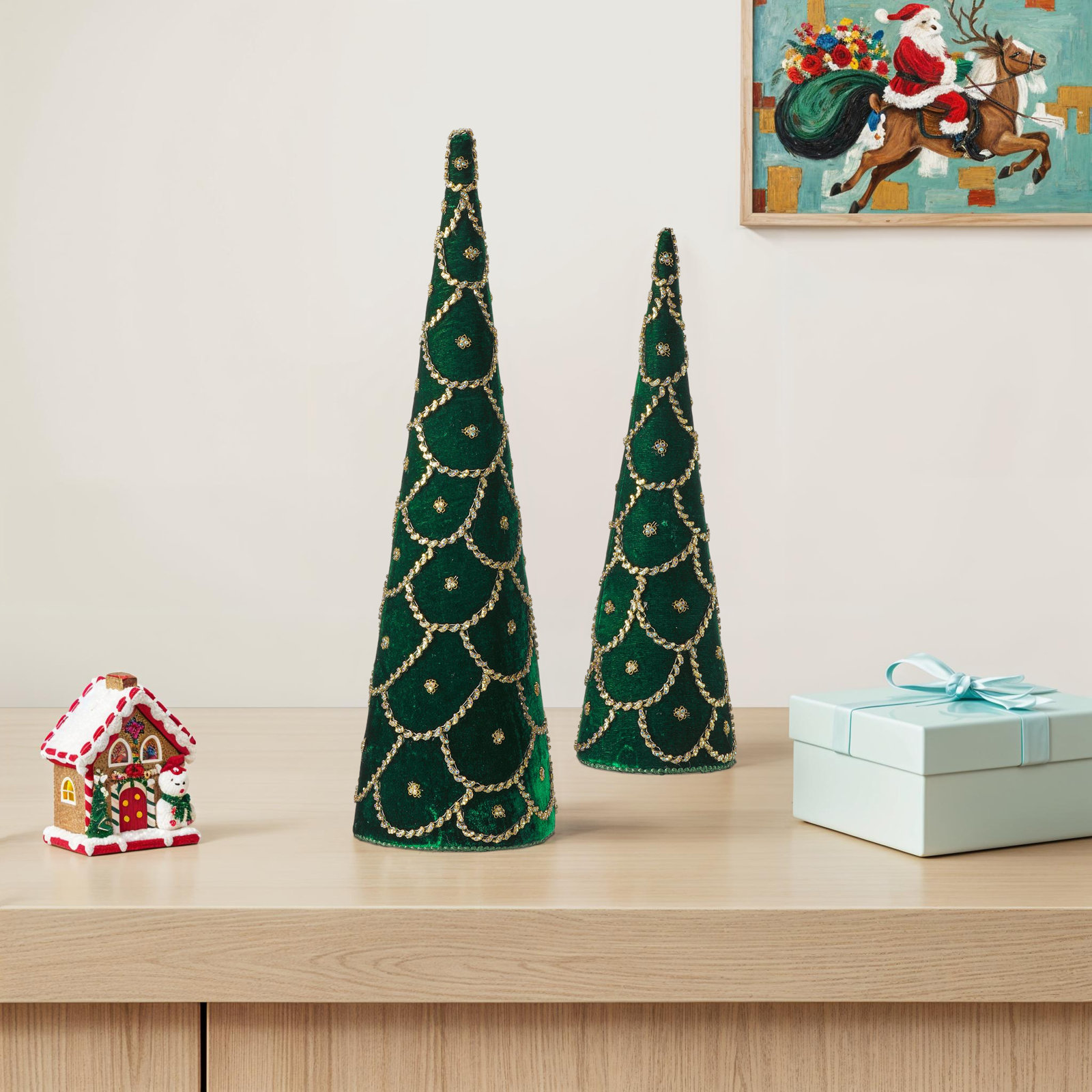 Crimson Christmas Jeweled Velvet Cone Tree, Green