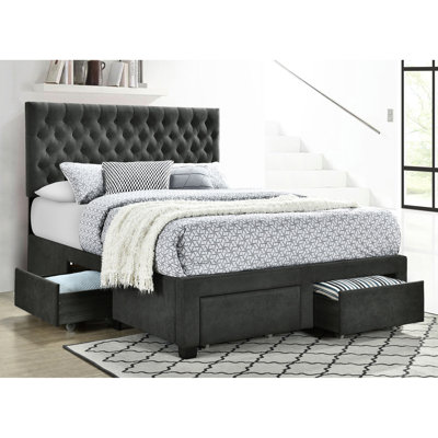 Grey Upholstered Full Storage Panel Bed, Four Spacious Drawers, Button - Headboard, Slat Kit For Mattress Bed With Solid Wood And ,