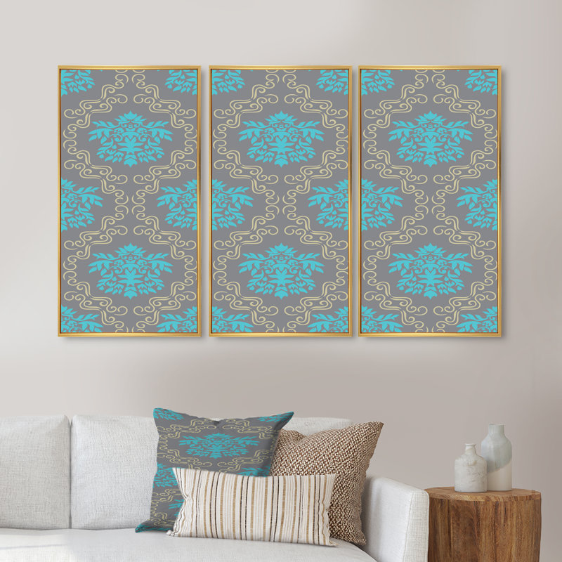 Turquoise damassé - 3 pièces, reproduction sur toile flottante, H 28 po x l 36 po x P 1 po, Cadre doré