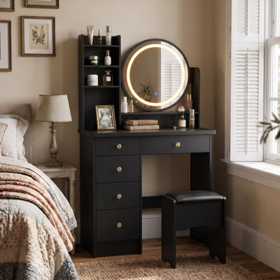 31.5" W Makeup Vanity Set with 3-Color LED Lighted Mirror, 5 Drawers and Upholstered Stool