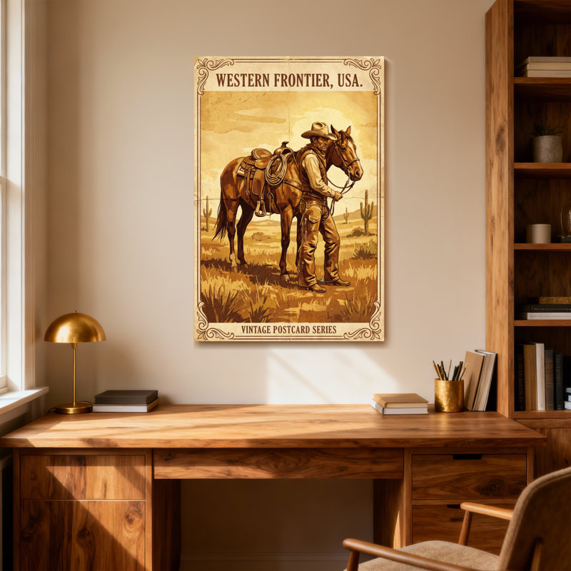 Scène de cowboy et cheval à la mode, H 18 po x l 12 po