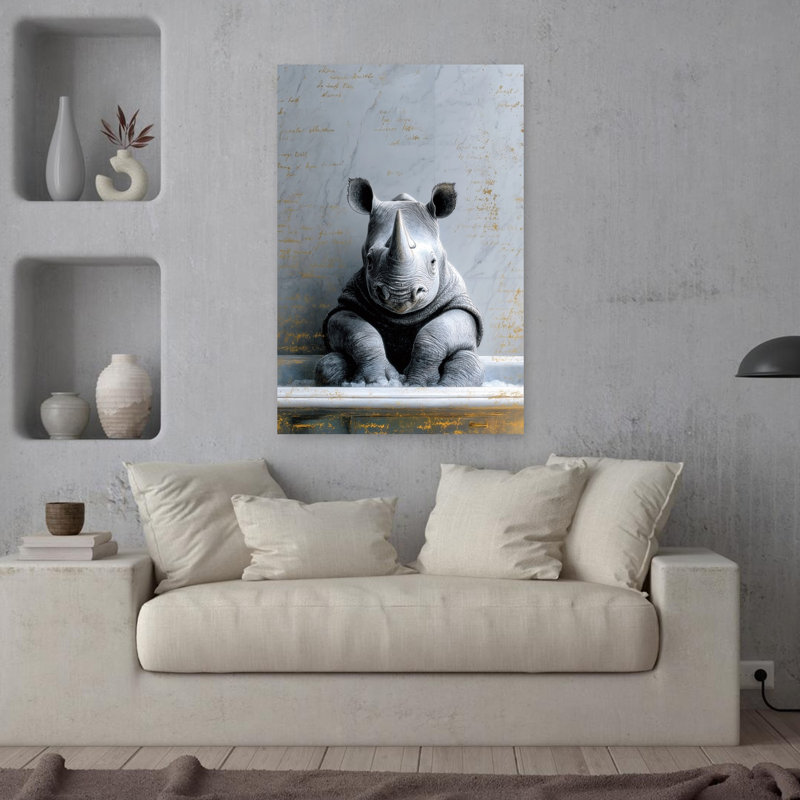 Rhinoceros In Bathtube 1, art mural contemporain, H 36 po x l 24 po