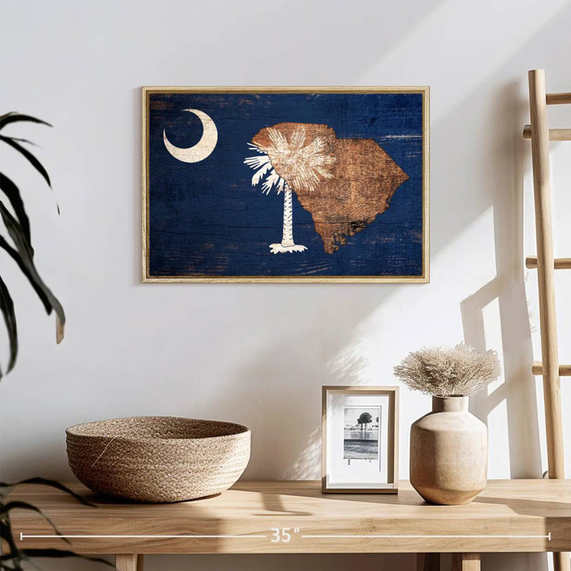 State Map Over South Carolina Flag, 19" X 13", Floating Frame Natural Wood