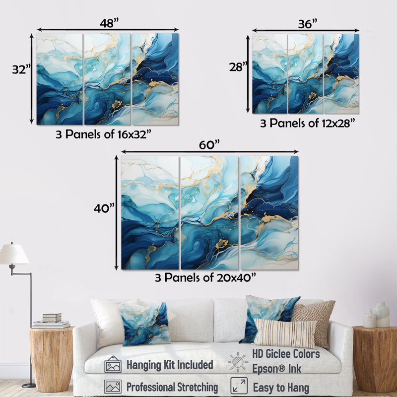 Liquide bleu et or tempête océanique - formes abstraites, ensemble d'art mural, Toile tendue, H 40 po x l 60 po x P 1 po