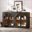 Buffet Buffet, rangement à 4 portes en verre avec tablettes réglables (noir) | Base en bois d'hévéa | Panneau de fibres à densité moyenne + placage de chêne-1709840380