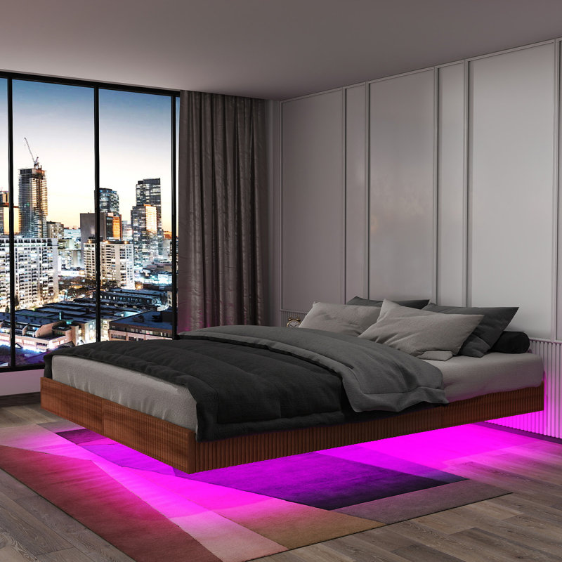 Floating Bed Frame with LED Lights, Fluted Mid Century Modern Floating Platform Bed No Box Spring Needed, Queen