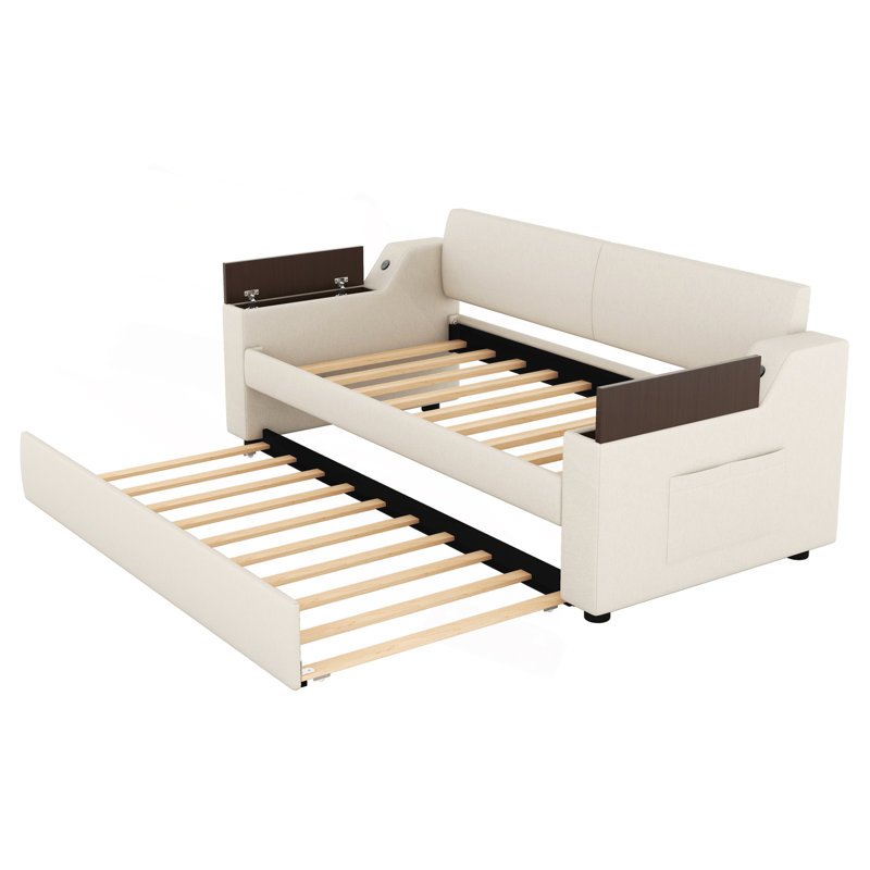 Lit de jour simple rembourré avec accoudoirs de rangement, gigogne et design USB, beige