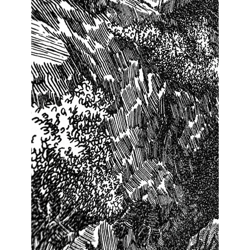 Vieux moulin à eau: impression de paysage détaillée à la plume et à l'encre