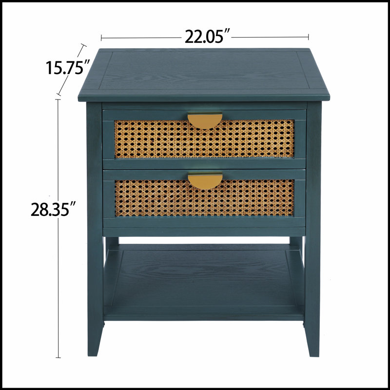 Natural Rattan 2-Drawer Side Table with Semi-Circular Handles, Ideal for Bedroom, Living Room, and Study Decor., Green