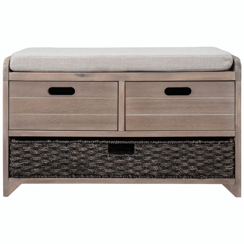 Versatile Use Wood Shoe Storage Bench with Removable Basket and 2 Drawers, White Washed