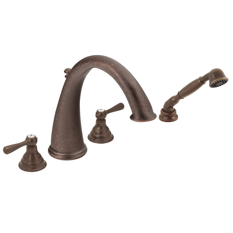 Garniture de robinet de baignoire romaine à fixation sur plateau à deux poignées avec douchette Kingsley, Bronze huilé