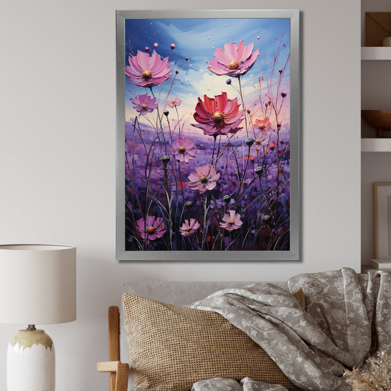 Zinnias Violet Serenade II, reproduction d'art sur toile, Cadre simple argenté, H 32 po x l 16 po x P 1 po