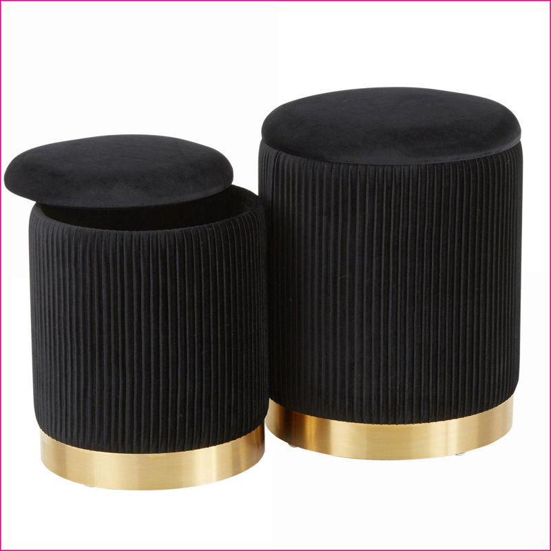 Ottoman Set, Contemporary Glam Nesting Black Velvet with Gold Metal Base | Gold | Metal, Black