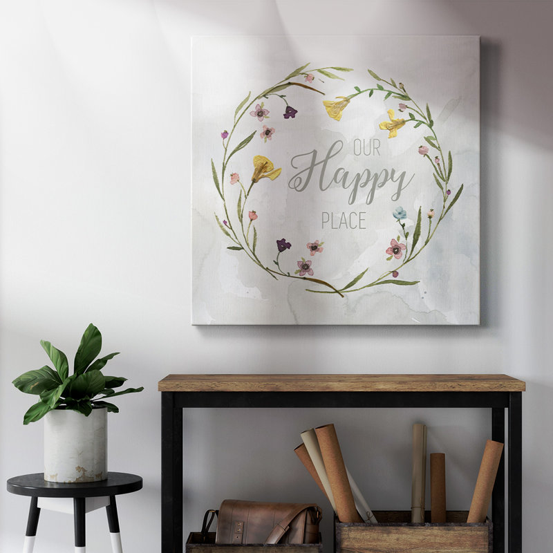 Our Happy Place Pressed Wreath - Toile tendue avec châssis de qualité supérieure - prête à être accrochée
