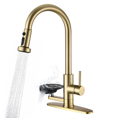Kitchen Faucet with Glass Rinser, Pull Down Sink Faucet with 3 Spray Modes, Single Hole 2 in 1 High Arc Stainless Steel Kitchen Faucets Brushed Golden