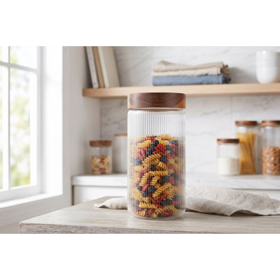 1.2L Ribbed Borosilicate Glass Vitina Jar with Airtight Wood Lid, Modern Fluted Glass Canister for Pantry and Kitchen Counter Organization, Food Vitina Container for Coffee, Pasta, Flour