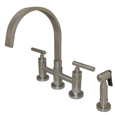 Kingston Brass Manhattan Two-Handle 4-Hole Deck Mount Bridge Kitchen Faucet with Brass Side Sprayer