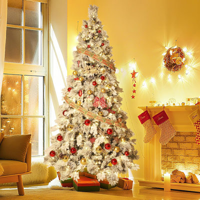 Prelit Snow Flocked Spruce Artificial Christmas Tree with Incandescent Warm White Lights & Foldable Stand, Snow Flocked Full Prelighted Xmas Tree Festive Ornamentation