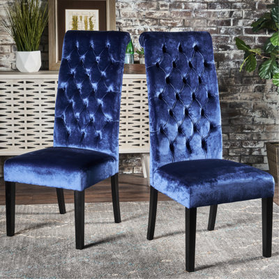 Ensemble de 2 chaises de salle à manger Marie, bouleau, velours bleu marine à haut dossier
