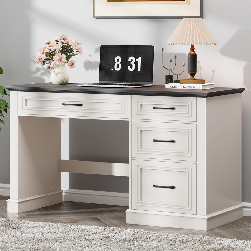 Farmhouse 47" Executive Desk With Charging Station, Black/White